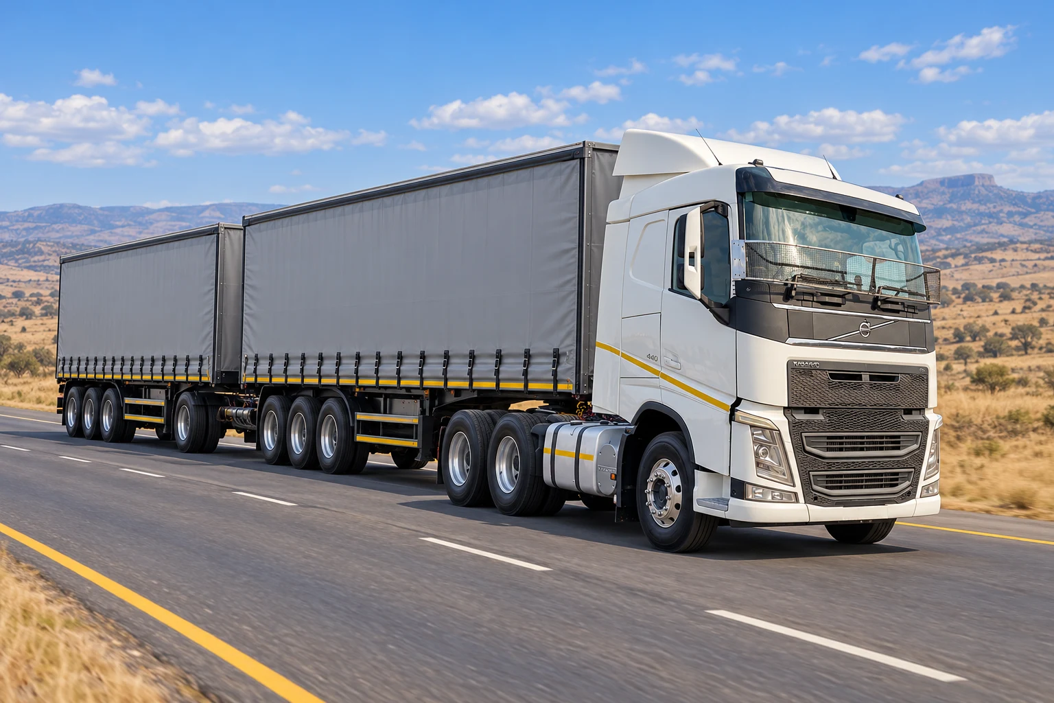 FH440-style tractor with tautliner link trailers on a South African road; AI-generated illustration